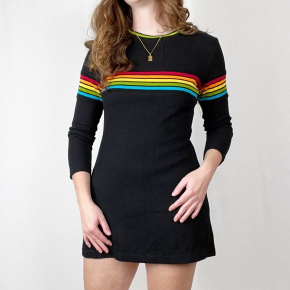 Vintage Deadstock Rainbow Striped Knit Mini Sweater Dress LGBTQ+ Pride 90's Y2K - Picture 4 of 7